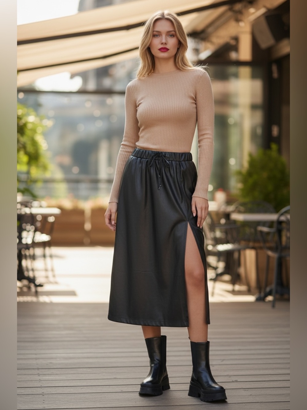 Elan Black Faux Leather Midi Skirt with Side Slit